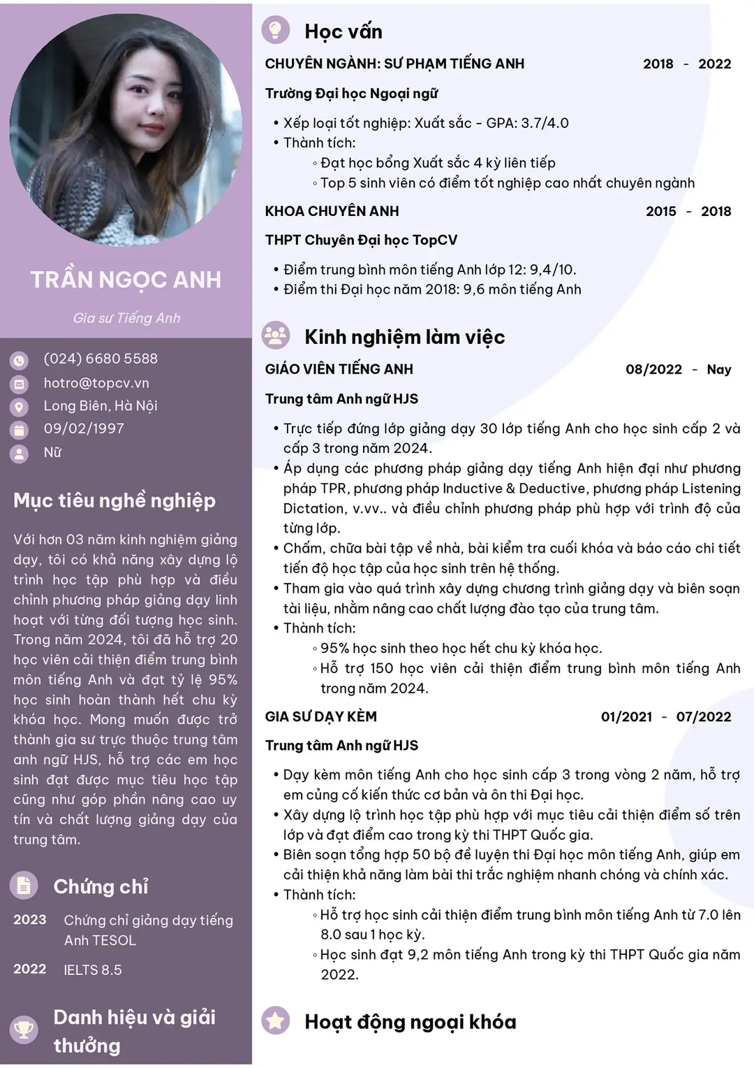 CV gia sư mẫu thể hiện bố cục hồ sơ dạy kèm