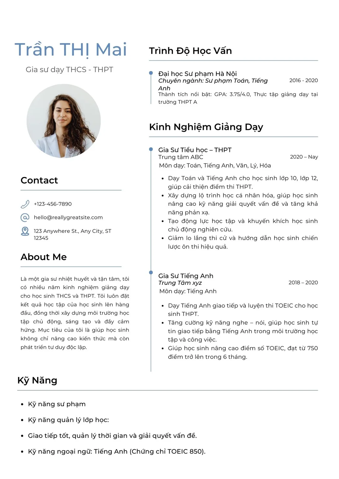 CV gia sư THCS THPT cho hồ sơ dạy kèm theo khối lớp