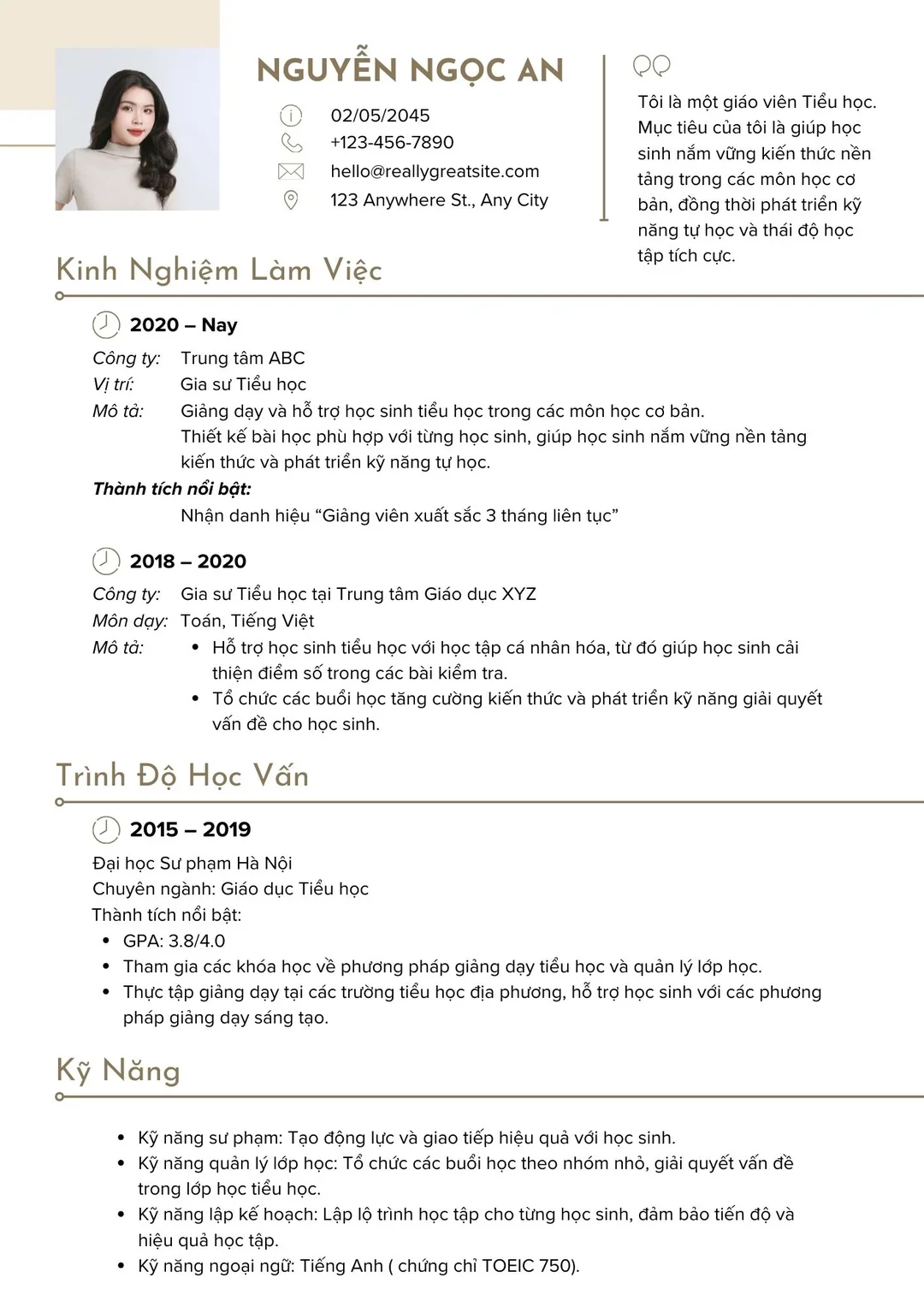 CV gia sư tiểu học dành cho người mới nhận lớp