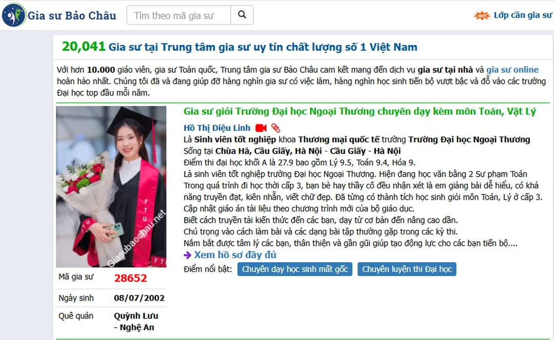 gia sư Bảo Châu với thông tin lớp học và nhu cầu tìm gia sư